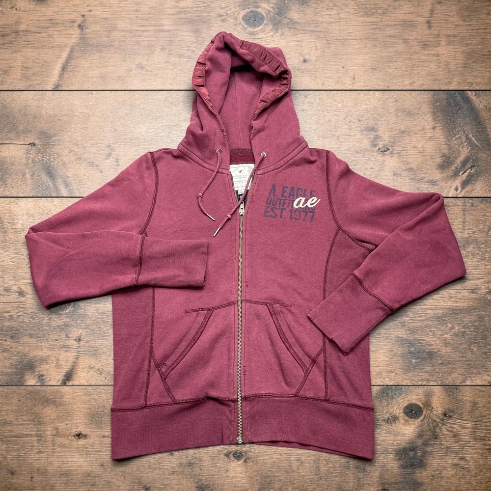 Vintage Y2K American Eagle Mens Full Zip Hoodie Burgundy Fleece Large Distressed